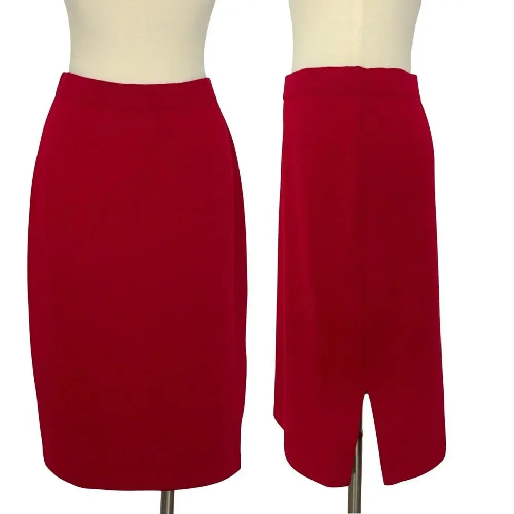 St. John Collection Pencil Skirt Santana Knit Red Knee-Length with Side Slit 10